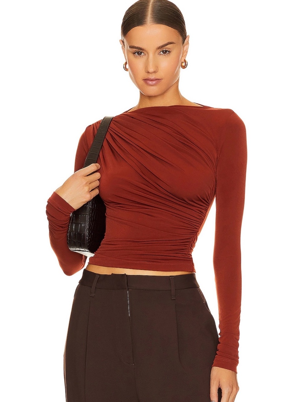 L'Academie Rust Long-Sleeve Ruched Crop Top